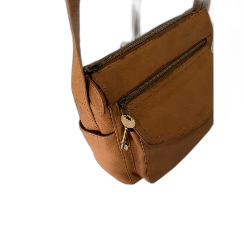 Fossil 75082 Crossbody Bag Cognac Tan Leather Pockets Adjustable Shoulder